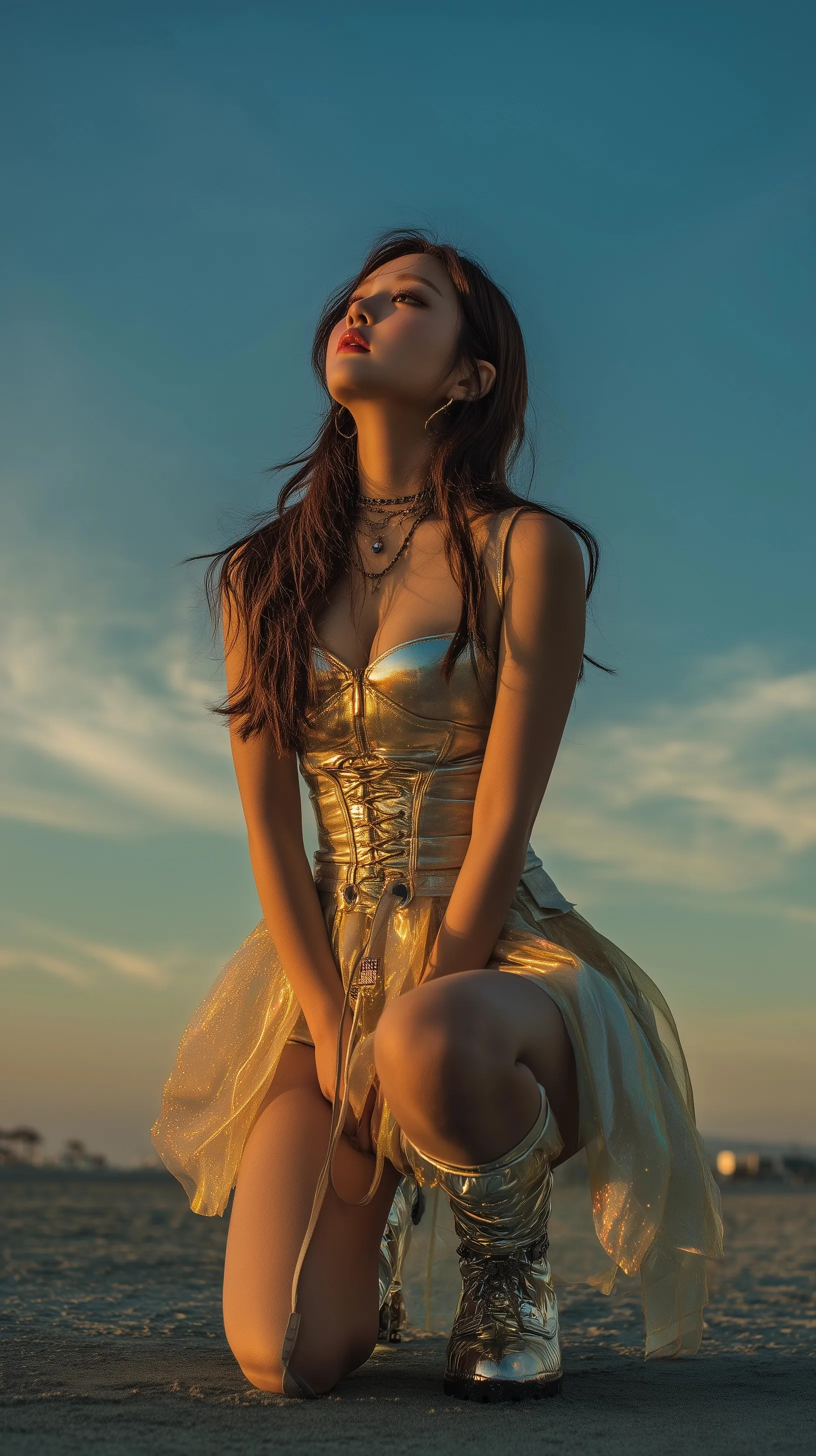 Korean woman in futuristic mermaid fashion sitting on a beach at sunset, cinematic drone shot.