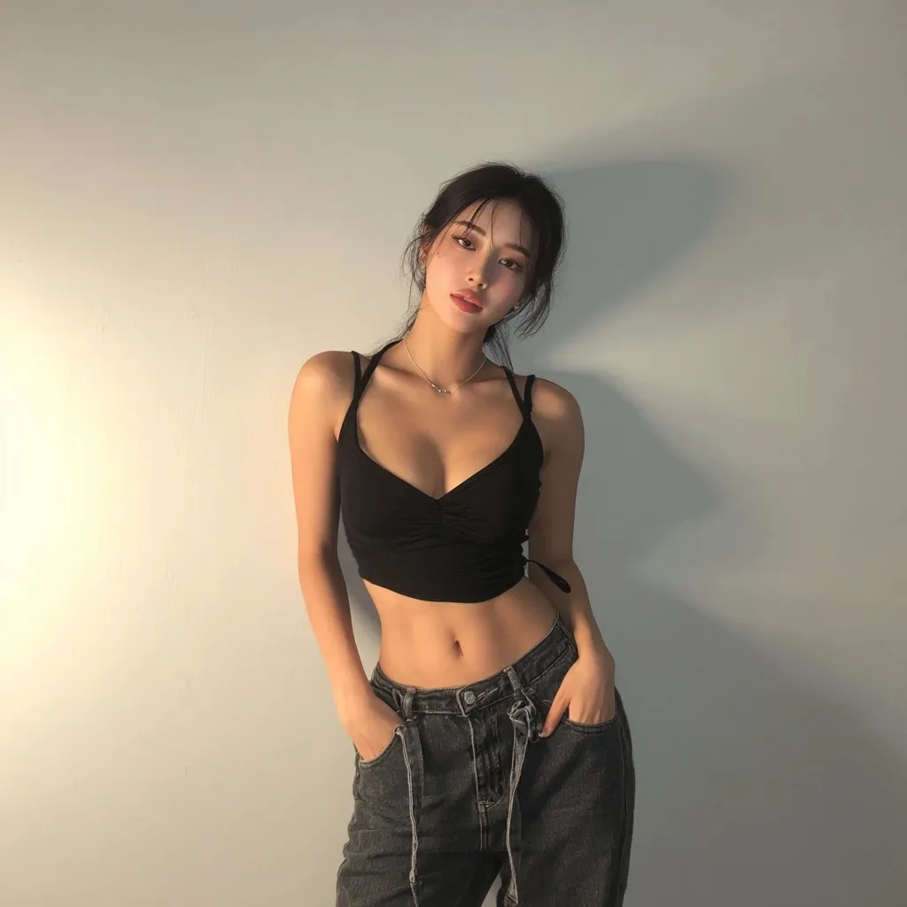 Fashionable Korean-American college girl wearing a tight ribbed tank top and low-waisted jeans, showcasing abs.