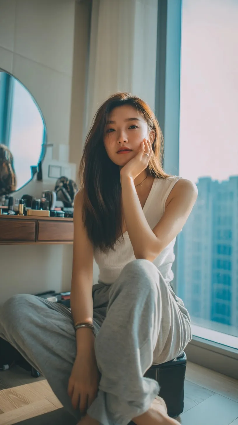 Stylish Asian woman in a white ribbed tank top sitting on the floor of a modern Shanghai apartment.