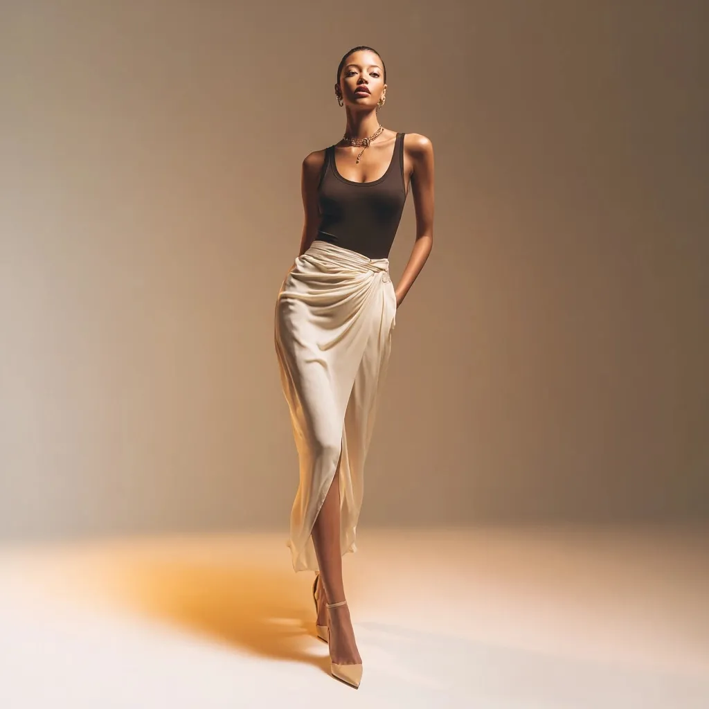 A slender fashion model wearing a fitted ribbed tank top and flowing chiffon maxi skirt in a studio setting.
