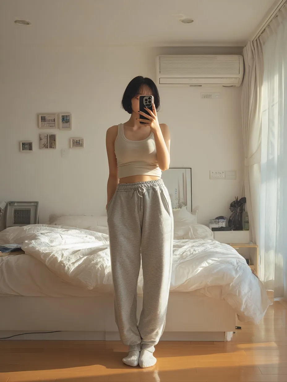 A young woman in a beige ribbed tank top and gray sweatpants taking a mirror selfie in a bright, modern bedroom.
