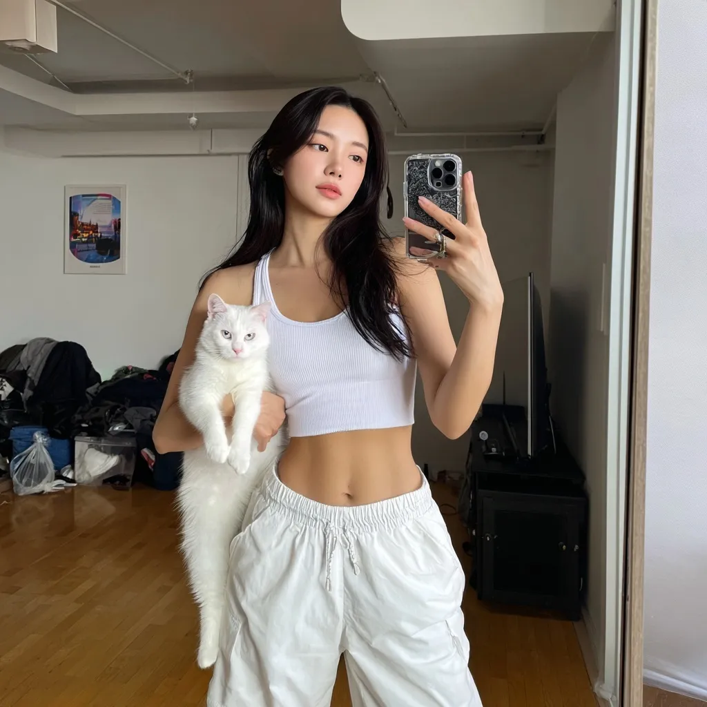 Stylish 22-year-old Korean girl in a white ribbed tank top and loose training pants holding a white cat.