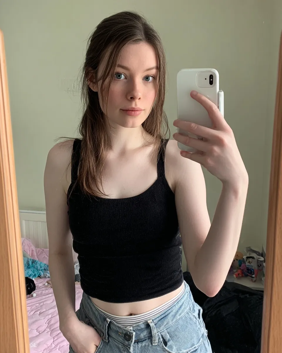 A young woman with pale skin and brown hair wearing a ribbed striped tank top and mom jeans taking a mirror selfie.