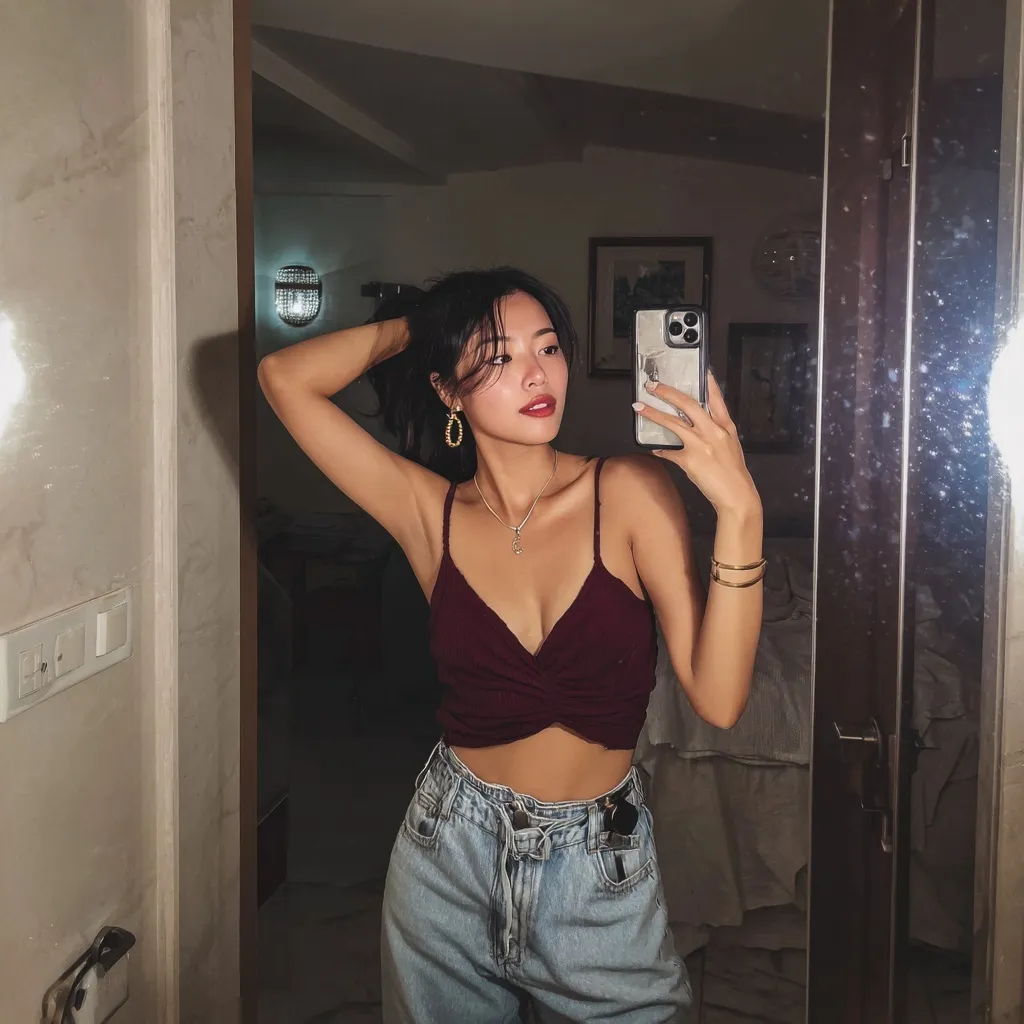 Stylish Asian girl taking a mirror selfie wearing a trendy ribbed tank top while getting ready to go out.