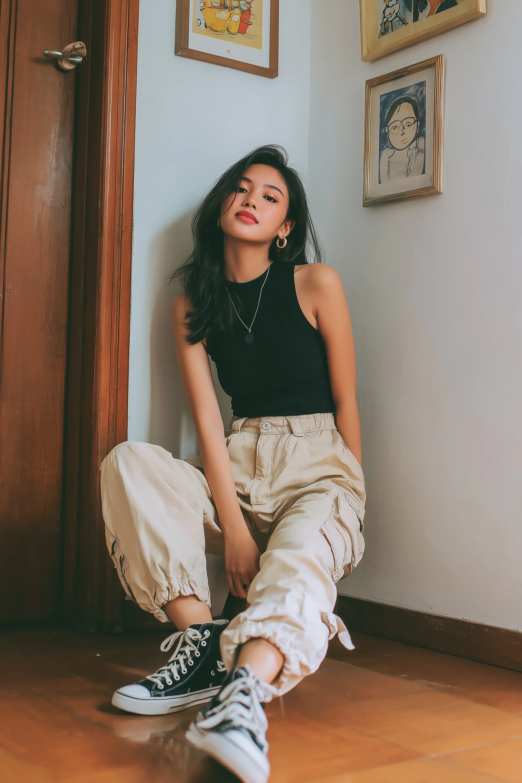 A stylish Gen Z girl wearing a black ribbed tank top and beige cargo pants in a high school hallway.