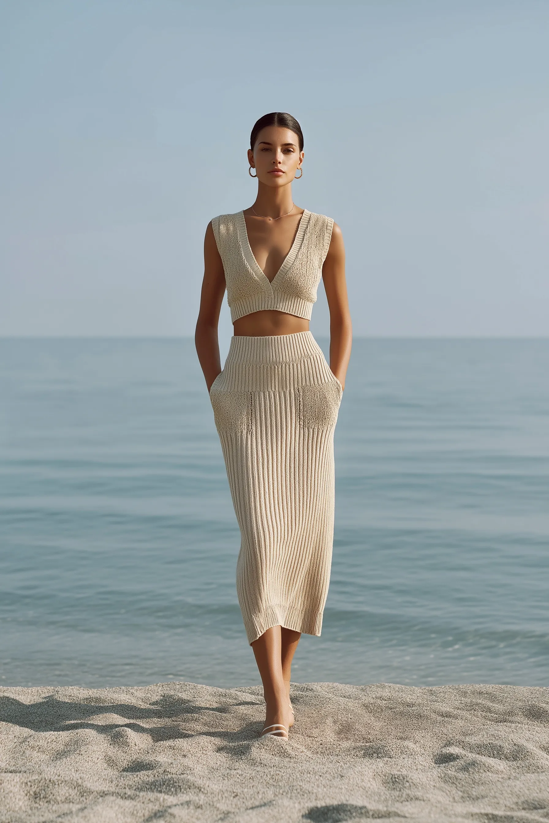 Elegant woman wearing a beige ribbed knitted bralette and midi skirt set on a minimal beach.