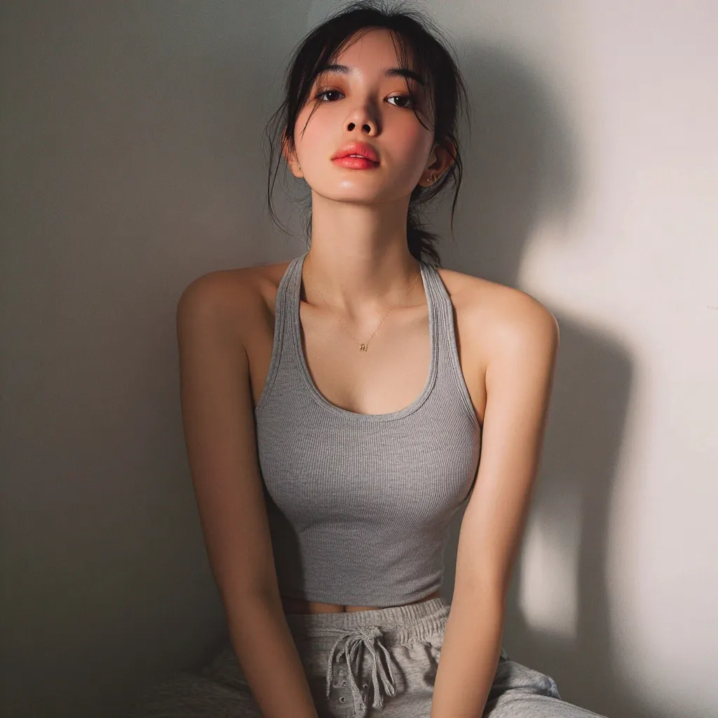 A slim 18-year-old Vietnamese woman with dewy glass skin wearing a ribbed tank top and cotton shorts in a bright room.