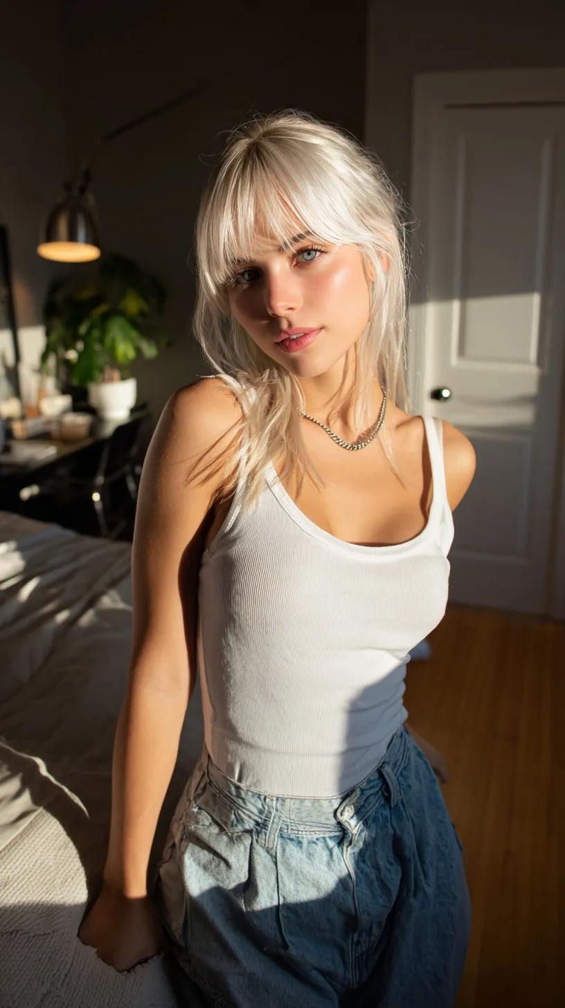 A young woman with white hair wearing a white ribbed tank top and jeans in a sunlit modern bedroom.