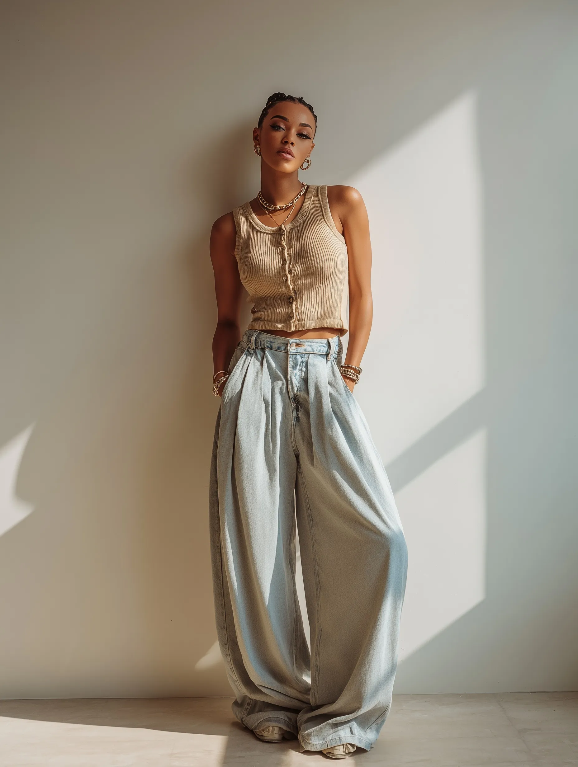 A young woman in a beige ribbed tank top and light blue denim jeans posing against a minimalist wall.