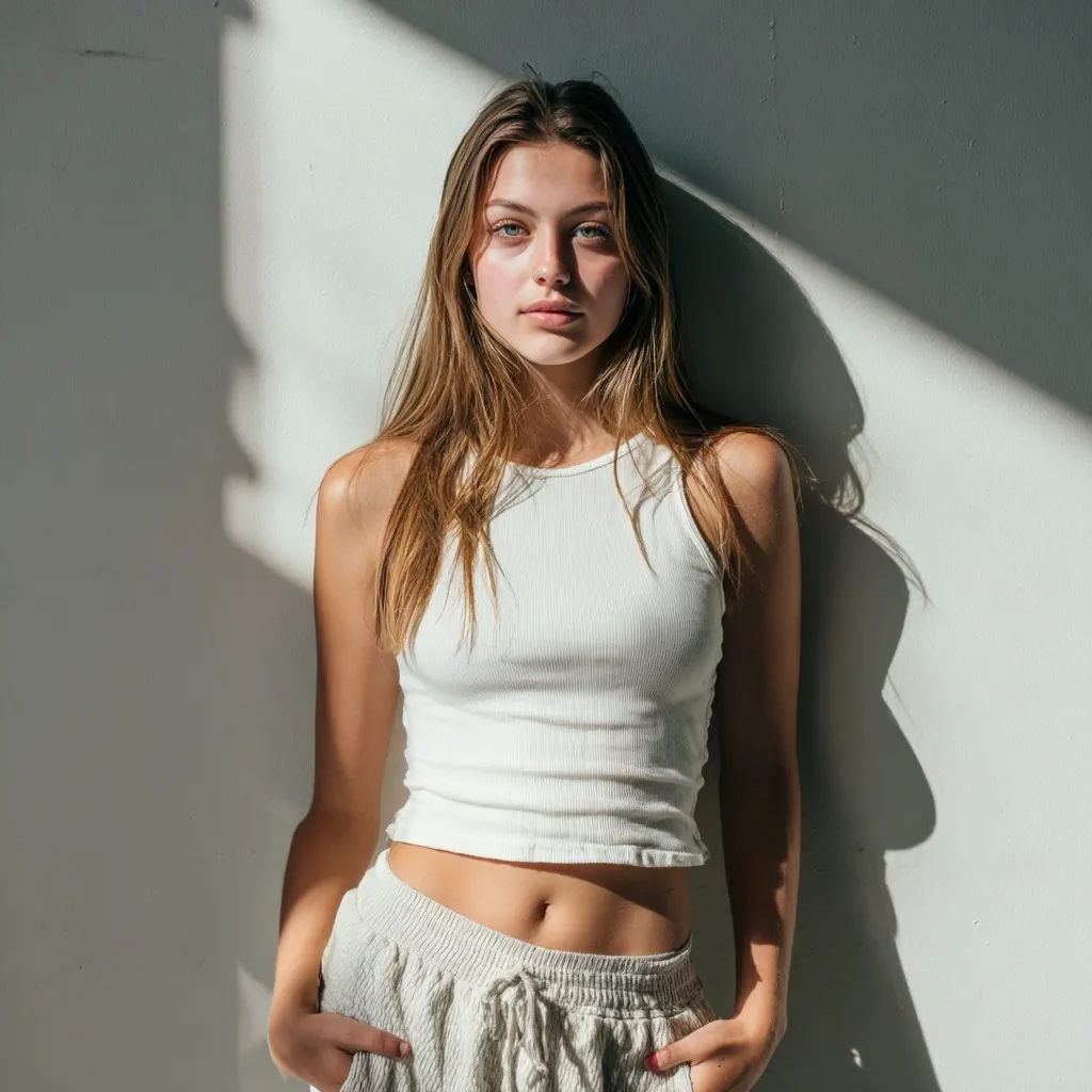 A young woman modeling a white ribbed crop tank top and knit shorts against a grey studio wall.