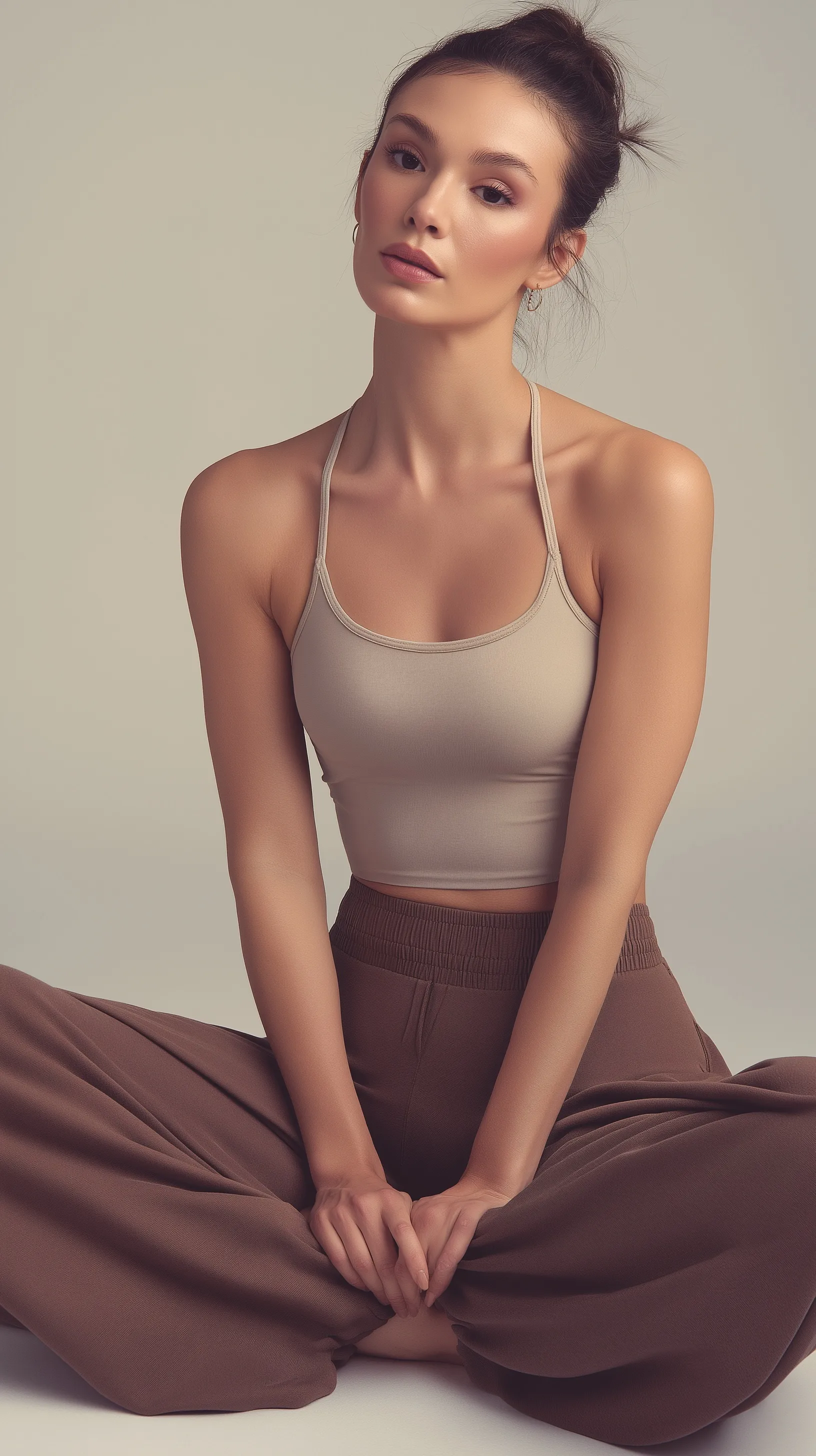 Athletic woman wearing a stylish ribbed tank top and wide-leg yoga pants against a white studio background.