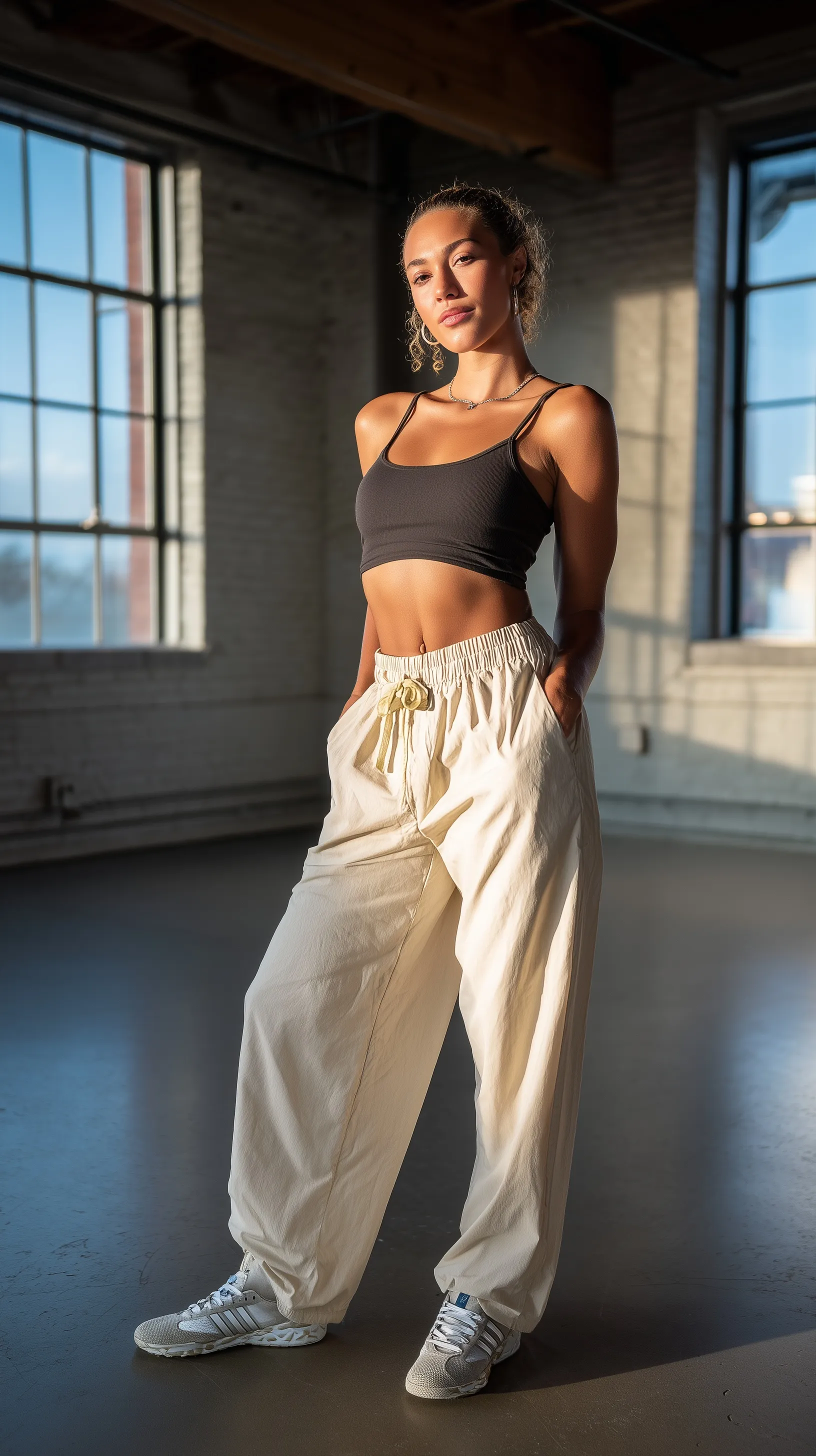 A model wearing a fitted ribbed tank top and wide-leg pants with urban sneakers in a sunlit American loft.