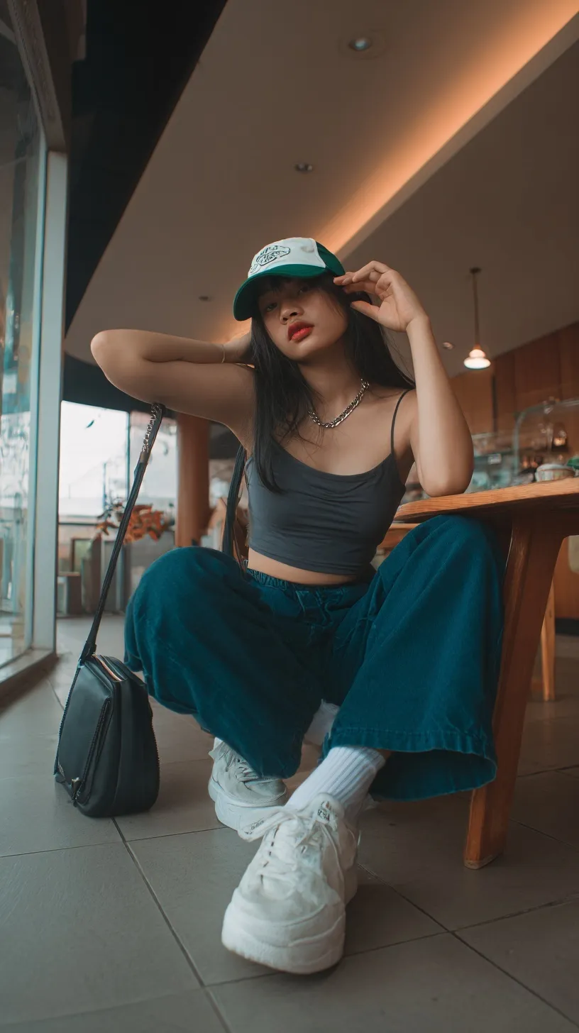 A young woman in a grey ribbed tank top and cargo pants sitting in a modern cafe, candid lifestyle portrait.