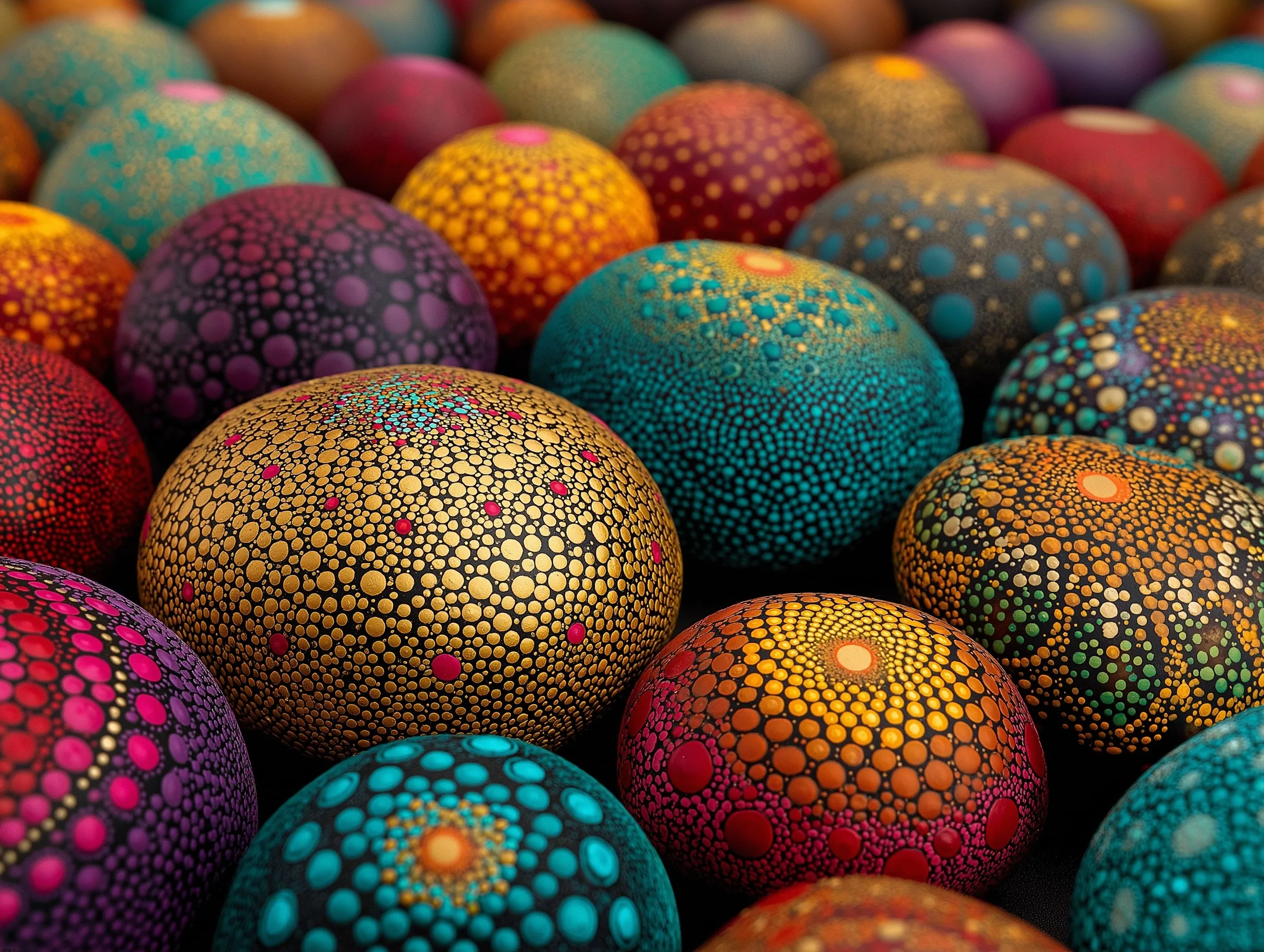 Close-up of colorful mandala dot art painted on rounded natural stones with intricate symmetrical patterns.