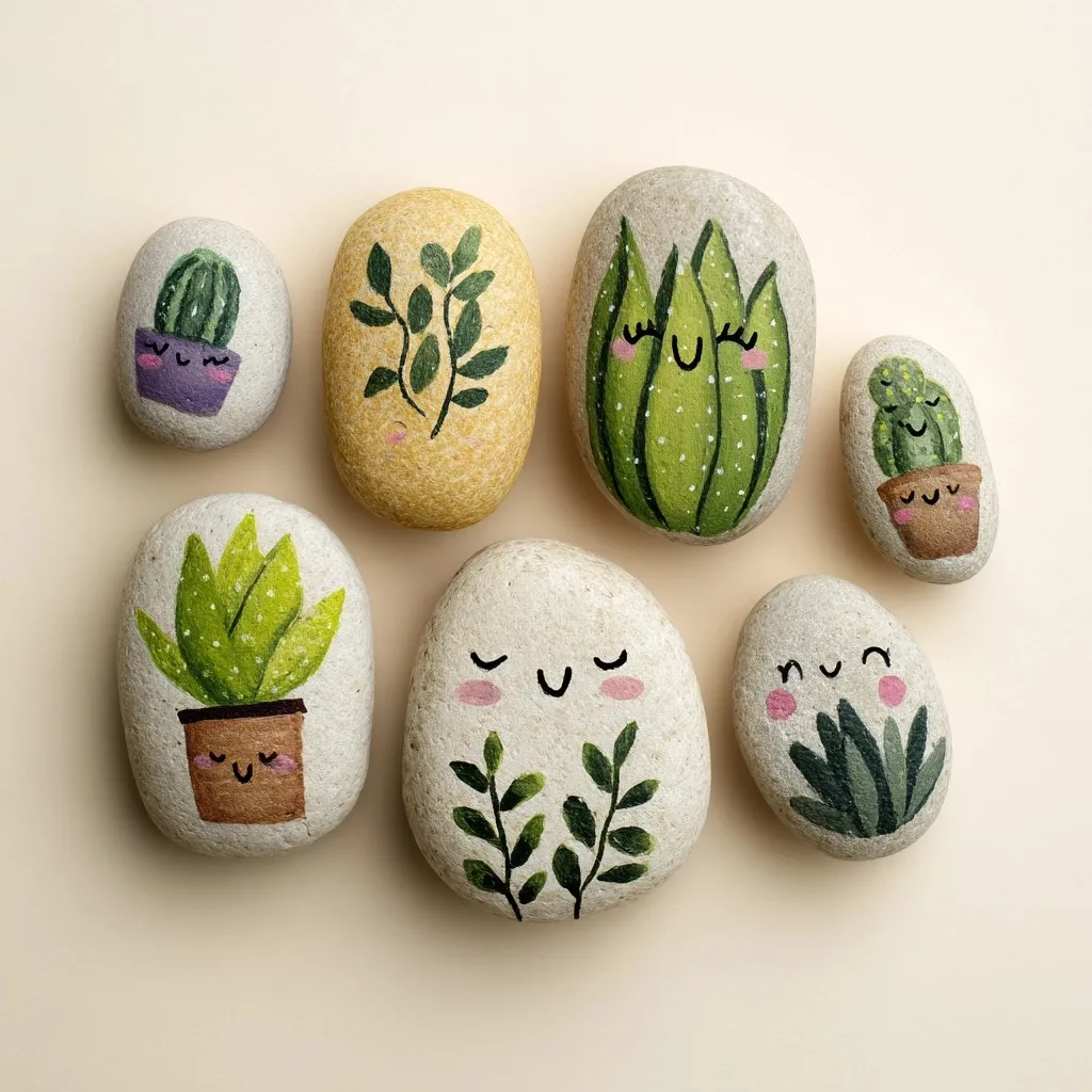 Cute hand-painted rocks with plant-themed designs displayed next to a lush green houseplant.