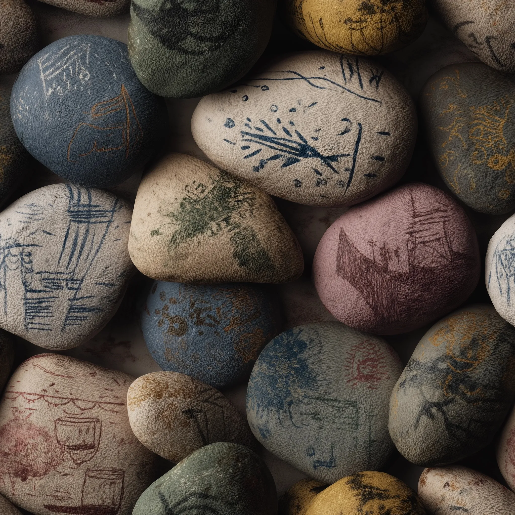 Colorful hand-painted pebbles featuring various creative abstract symbols arranged on a surface.