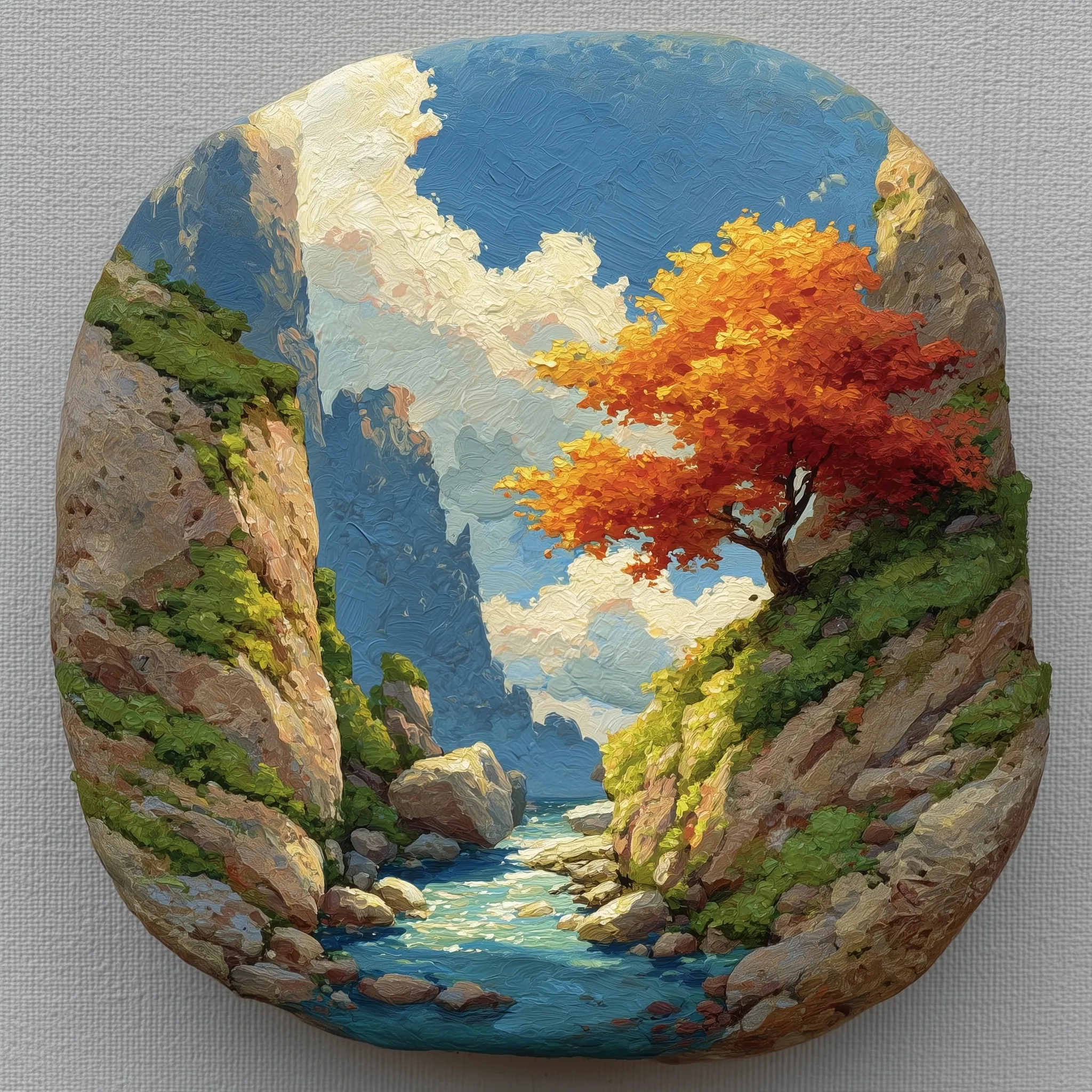 A beautiful hand-painted landscape scene on a smooth river rock, featuring vibrant colors and artistic details.