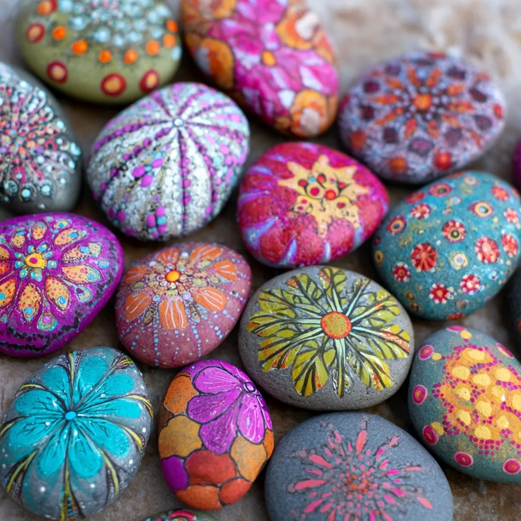 Colorful, hand-painted rain flower stones with intricate patterns arranged on a rustic surface.