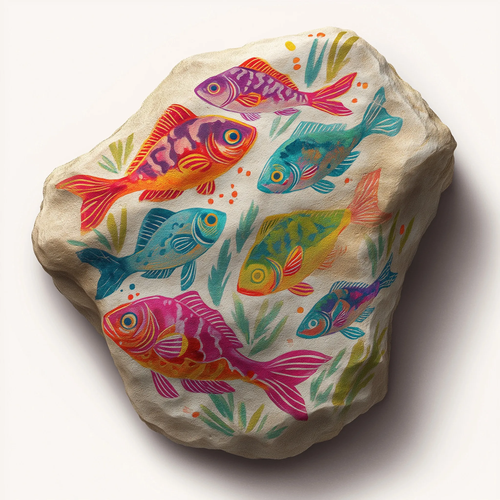 A hand-painted stone with vibrant, colorful fish designs on an organic rock surface against a white background.
