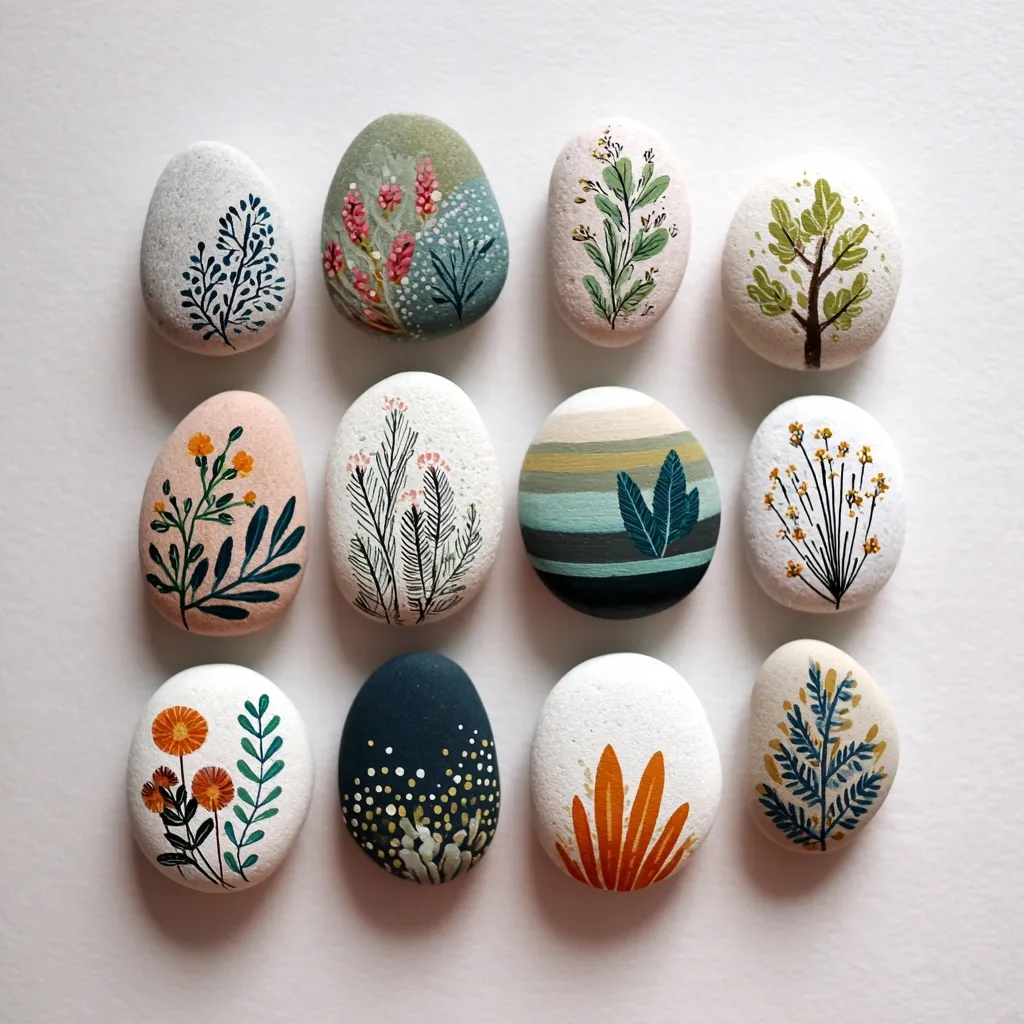 Hand-painted stones with minimalistic positive art designs isolated on a clean white background.
