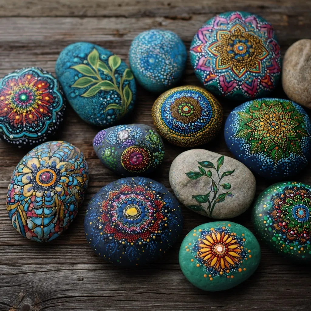 Colorful hand-painted rocks with intricate mandala and plant designs on a paint-splattered wooden table.