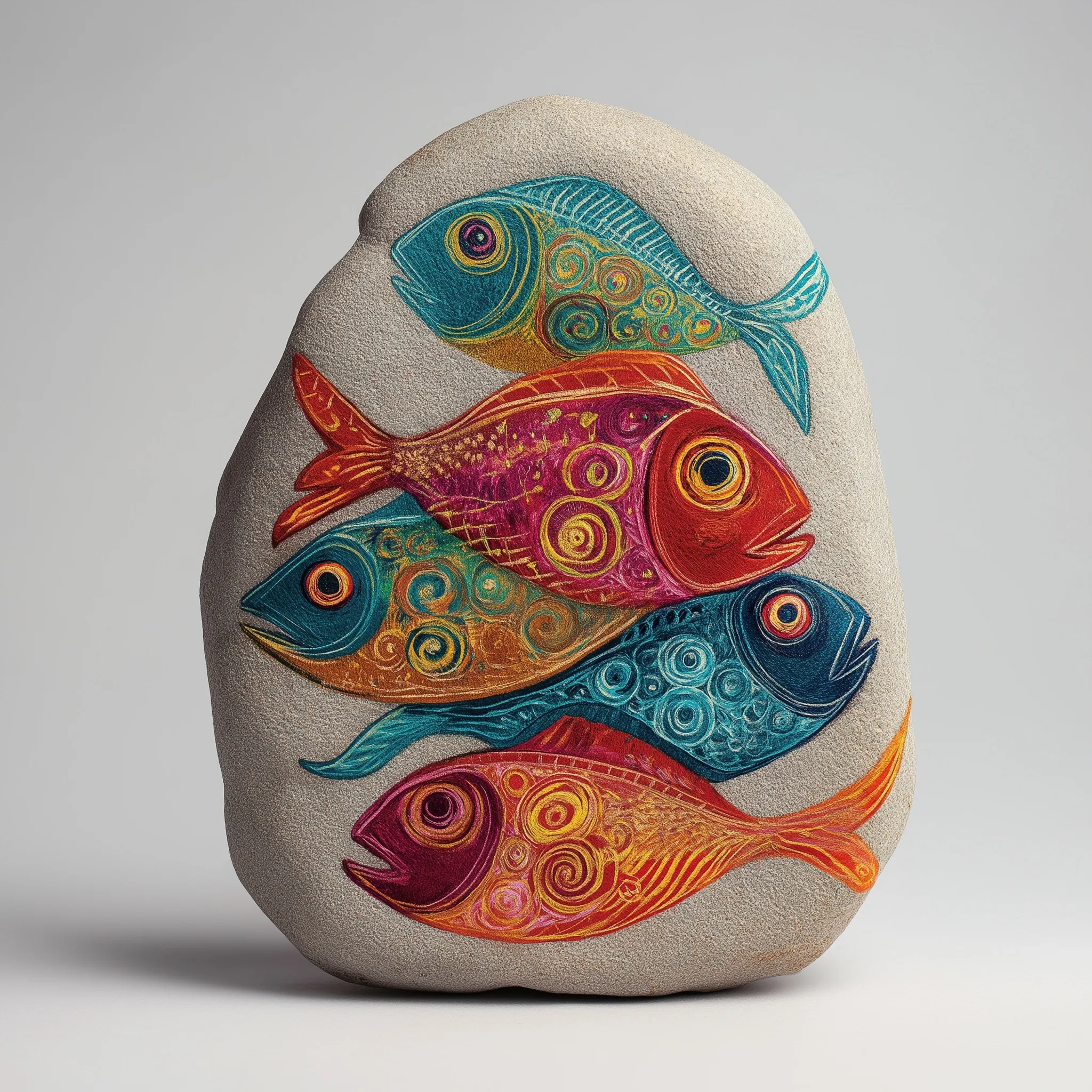 A hand-painted stone with vibrant, colorful fish designs and detailed brushstrokes on a clean white background.