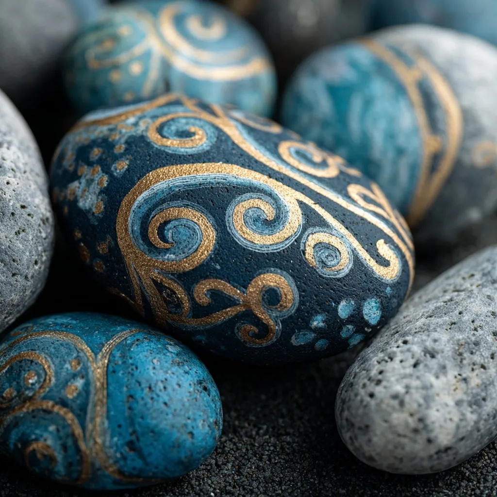 Hand-painted Hawaiian Pōhaku rock art featuring vibrant, traditional Polynesian-inspired patterns on a smooth stone.