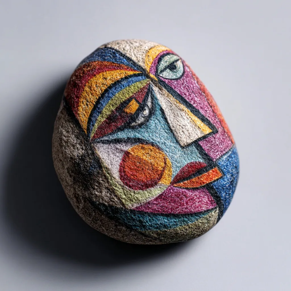 A whimsical rock painting art piece inspired by Picasso, featuring a quirky painted object from a flea market.