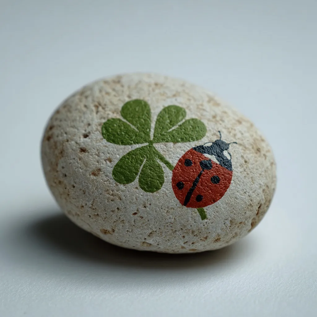 A smooth stone with a minimalist painted four-leaf clover and a small ladybug on a clean background.