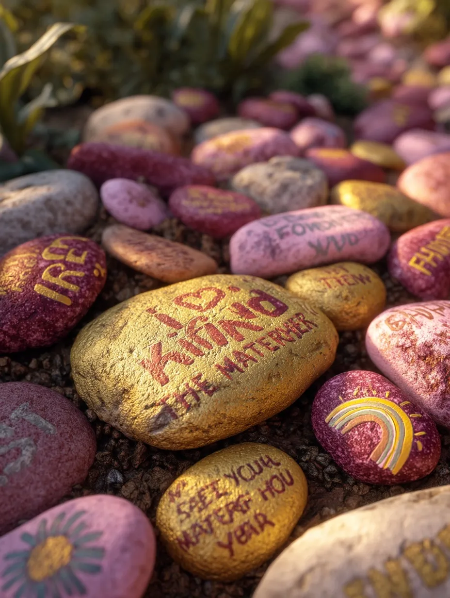 Hand-painted river rocks with inspirational messages like Be Kind arranged in a vibrant outdoor kindness garden.