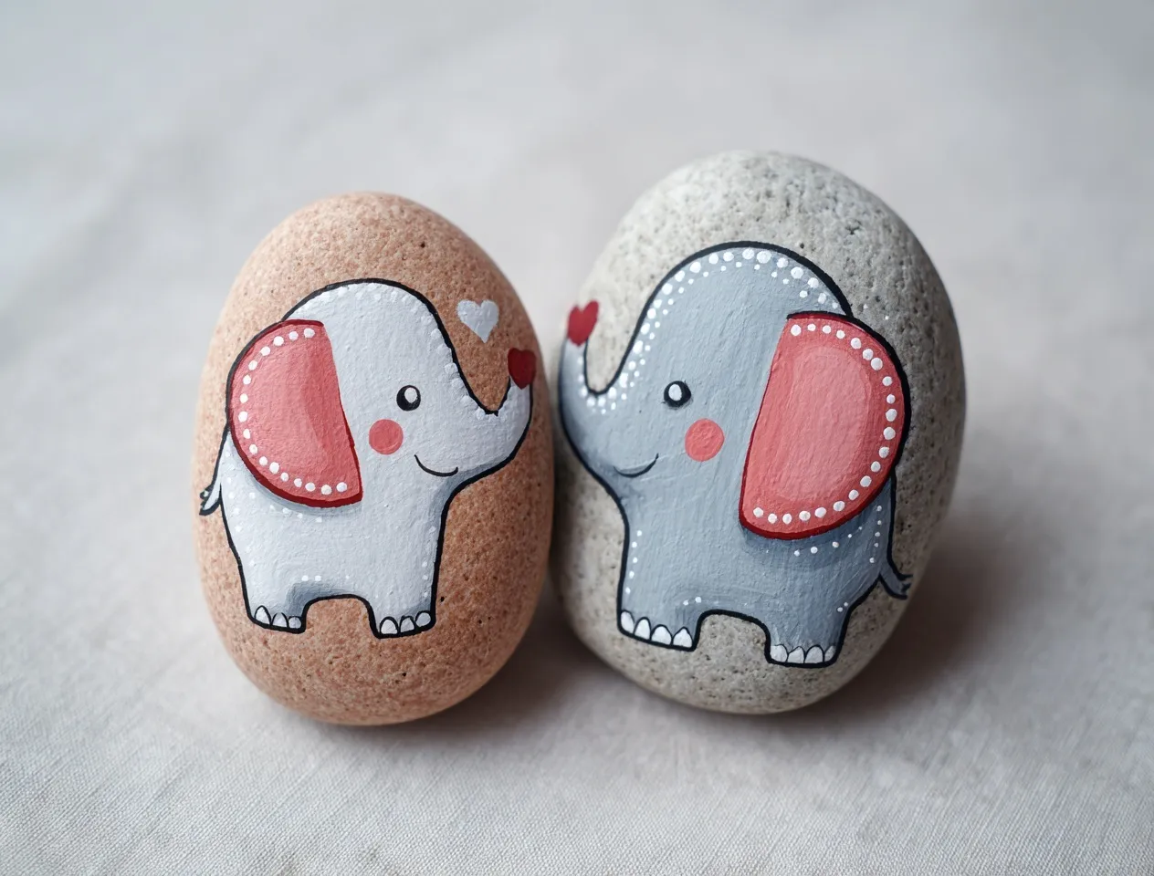 Two cute, hand-painted rocks featuring happy elephant illustrations on a light grey background.