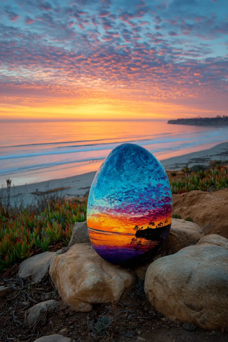 Hand-painted sunset ocean scene on an oval rock sitting on a sandy beach.