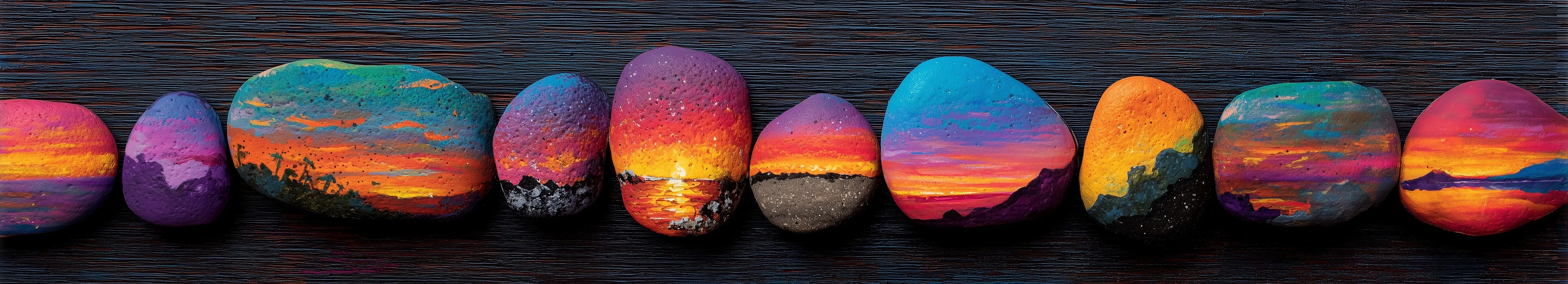 Top view of handmade sunset-painted rocks sitting on a rustic picnic table, created with a charming, imperfect style.