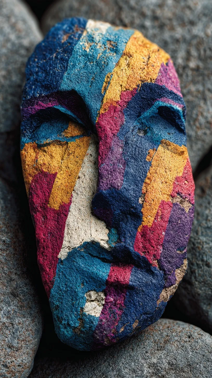 A vibrant, abstract woman’s face painted on a smooth gray rock, showcasing colorful rock art detail.