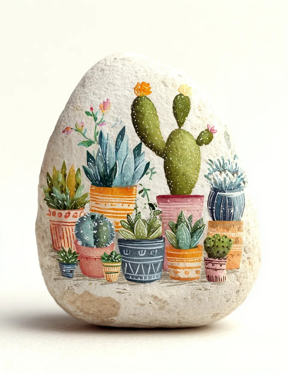 A white river rock painted with whimsical colorful potted cactus and succulent illustrations on a white background.
