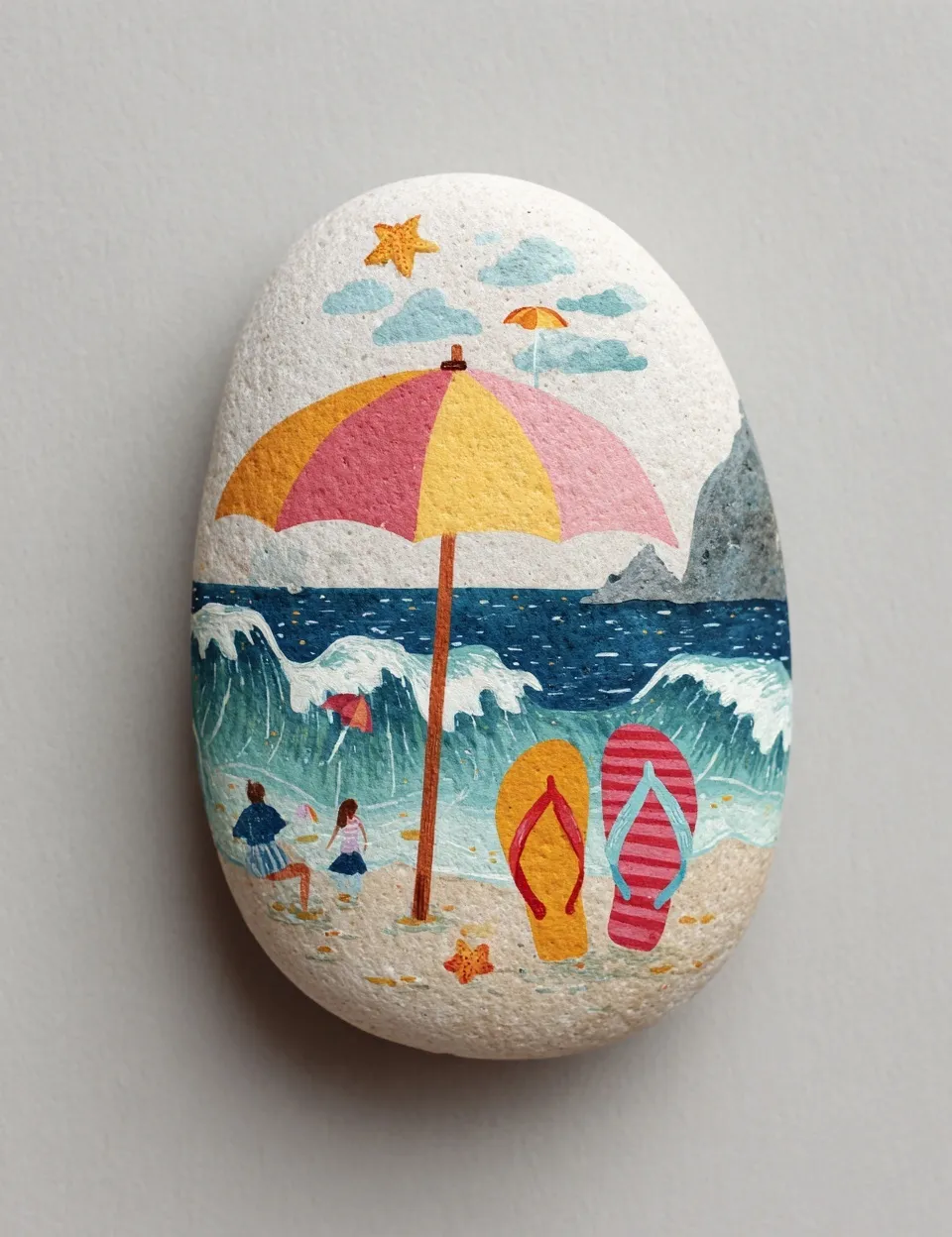 Hand-painted rock art featuring a beach umbrella, flip-flops, and ocean waves in soft pastel colors.