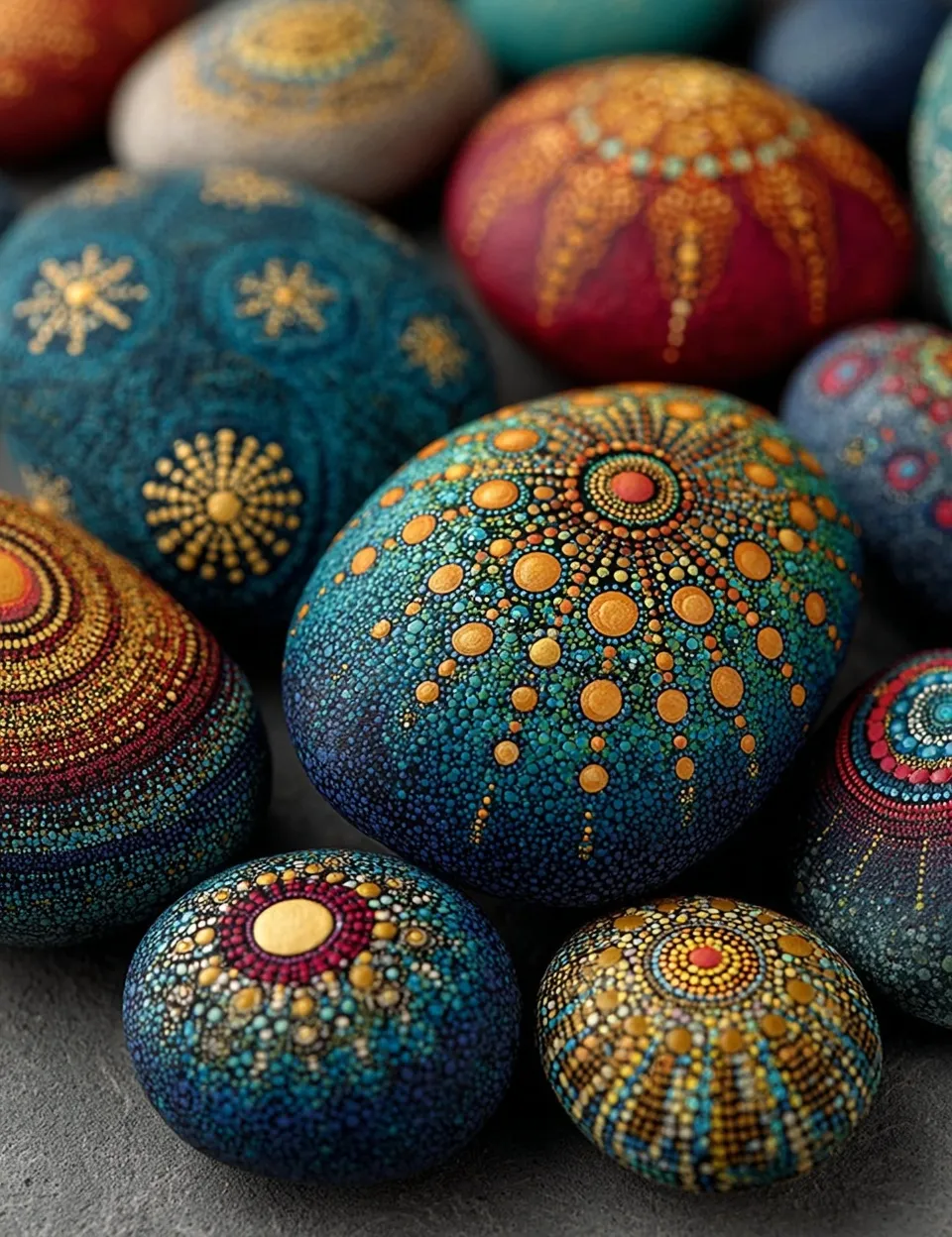 Hand-painted river rocks with colorful, symmetrical mandala dot art on a black background.