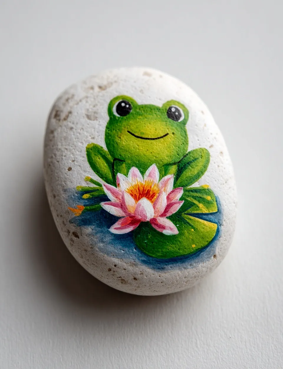 A hand-painted white river rock featuring a whimsical green frog on a lily pad against a clean white background.