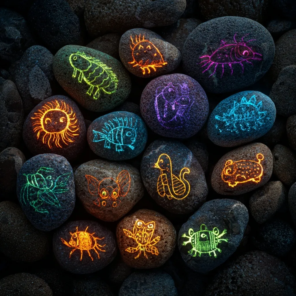 Children's simple art painted on smooth pebbles glowing in the dark.