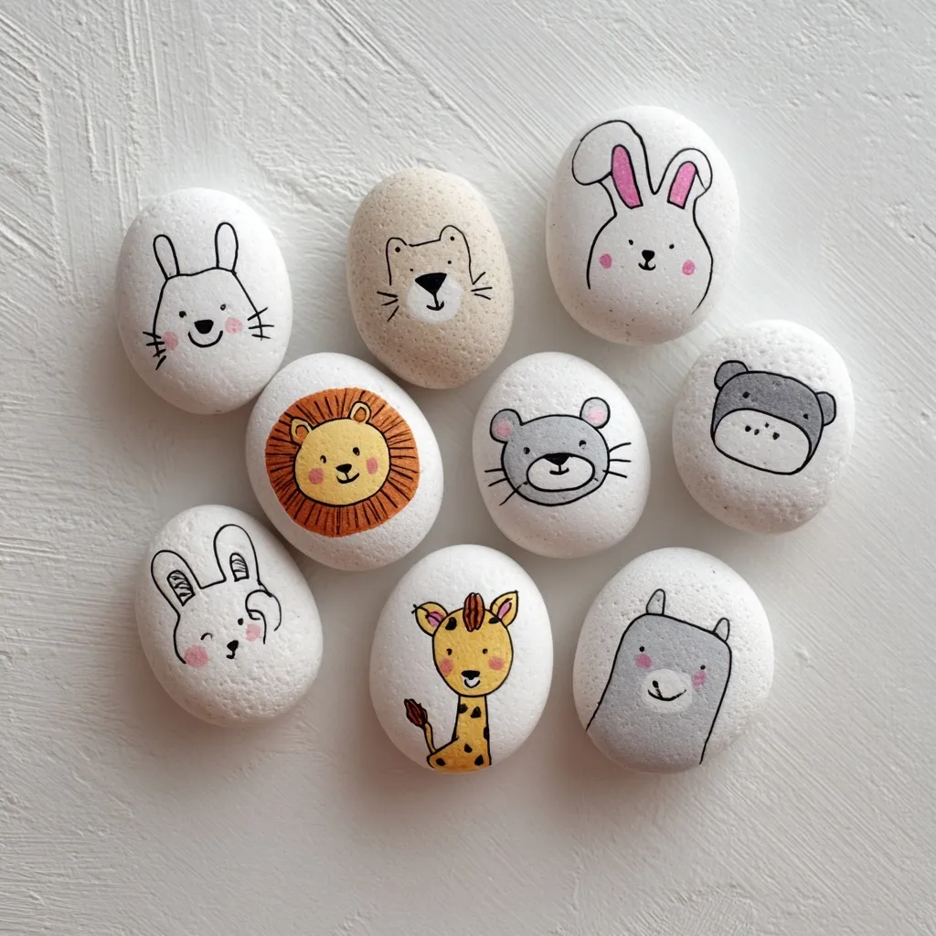 Oval white stones with cute hand-painted animal doodles using acrylic markers on a clean white tabletop.