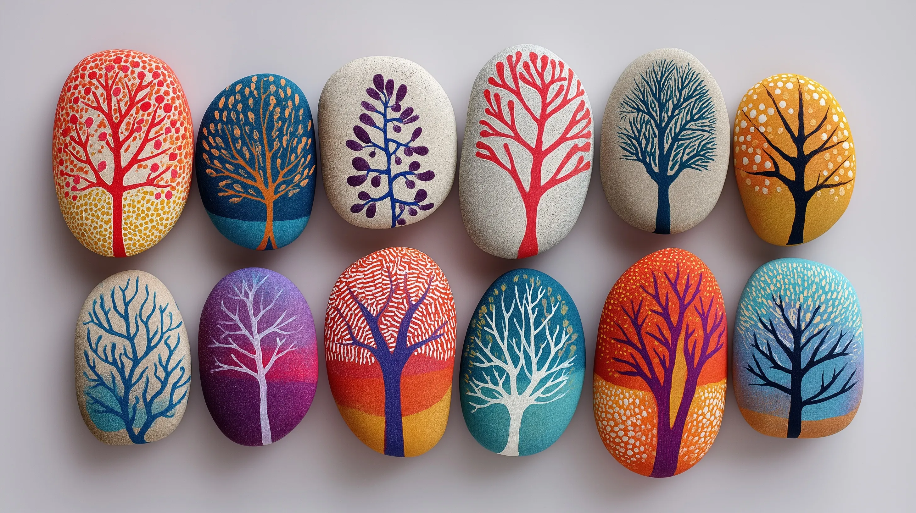 Hand-painted stones featuring minimalistic tree silhouettes in a contemporary folk art style on smooth gray rocks.