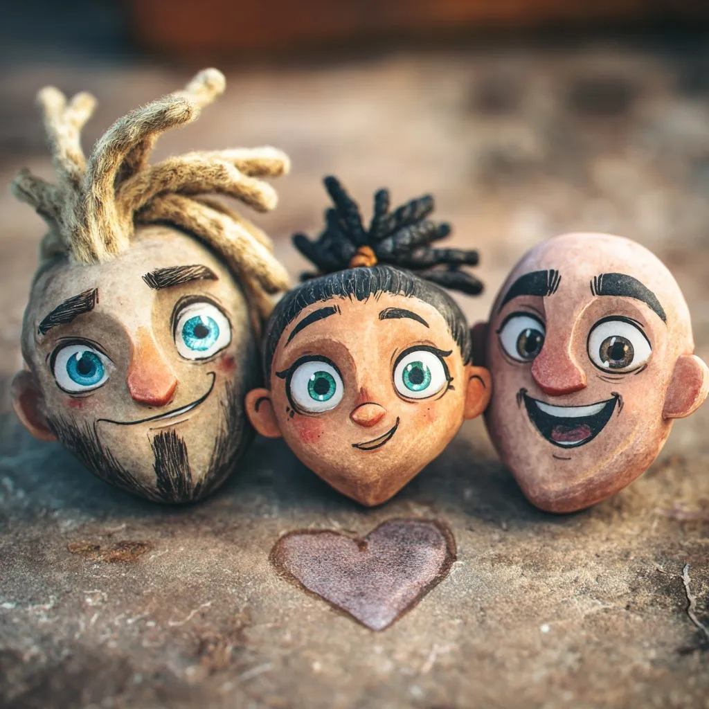 Three heart-shaped rocks painted as cute cartoon characters with friendly faces sitting on a natural surface.