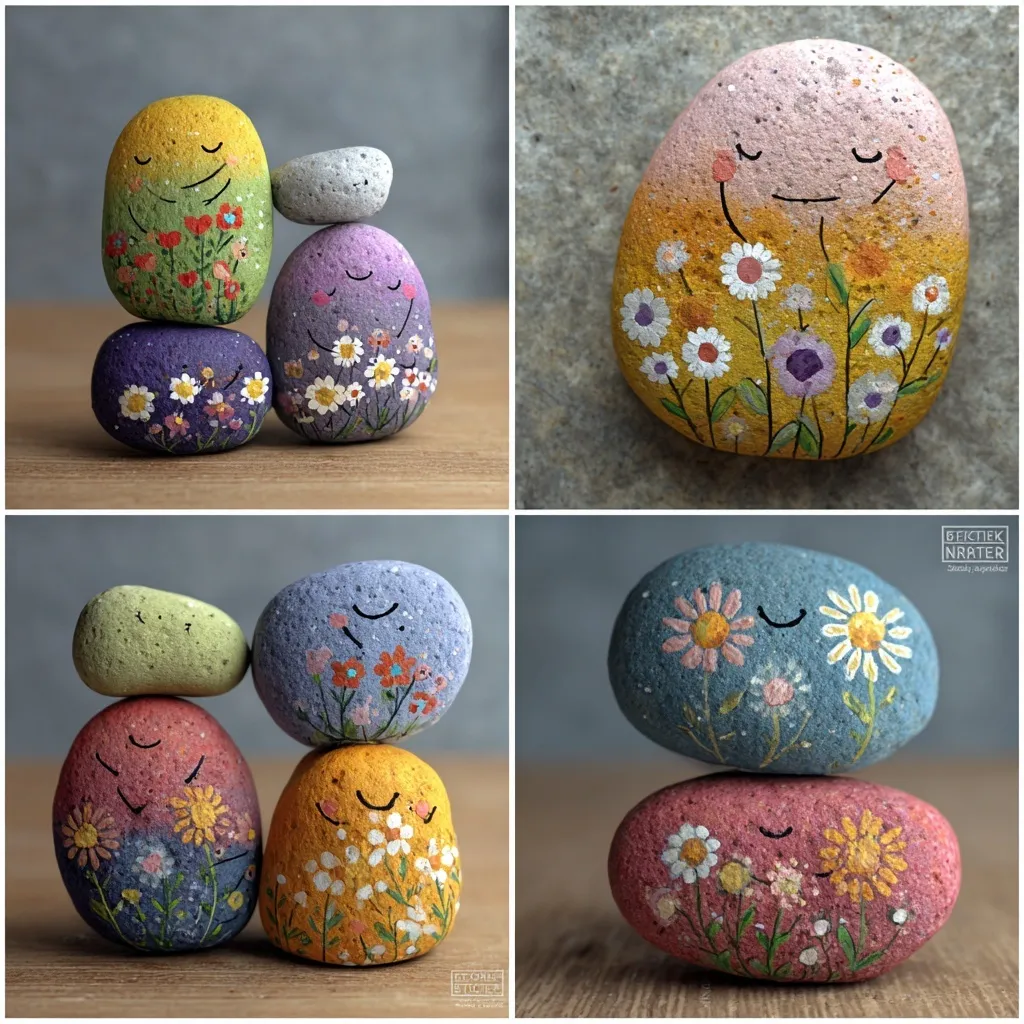 Five colorful pocket hug painted rocks featuring hearts and uplifting messages for kindness stones.
