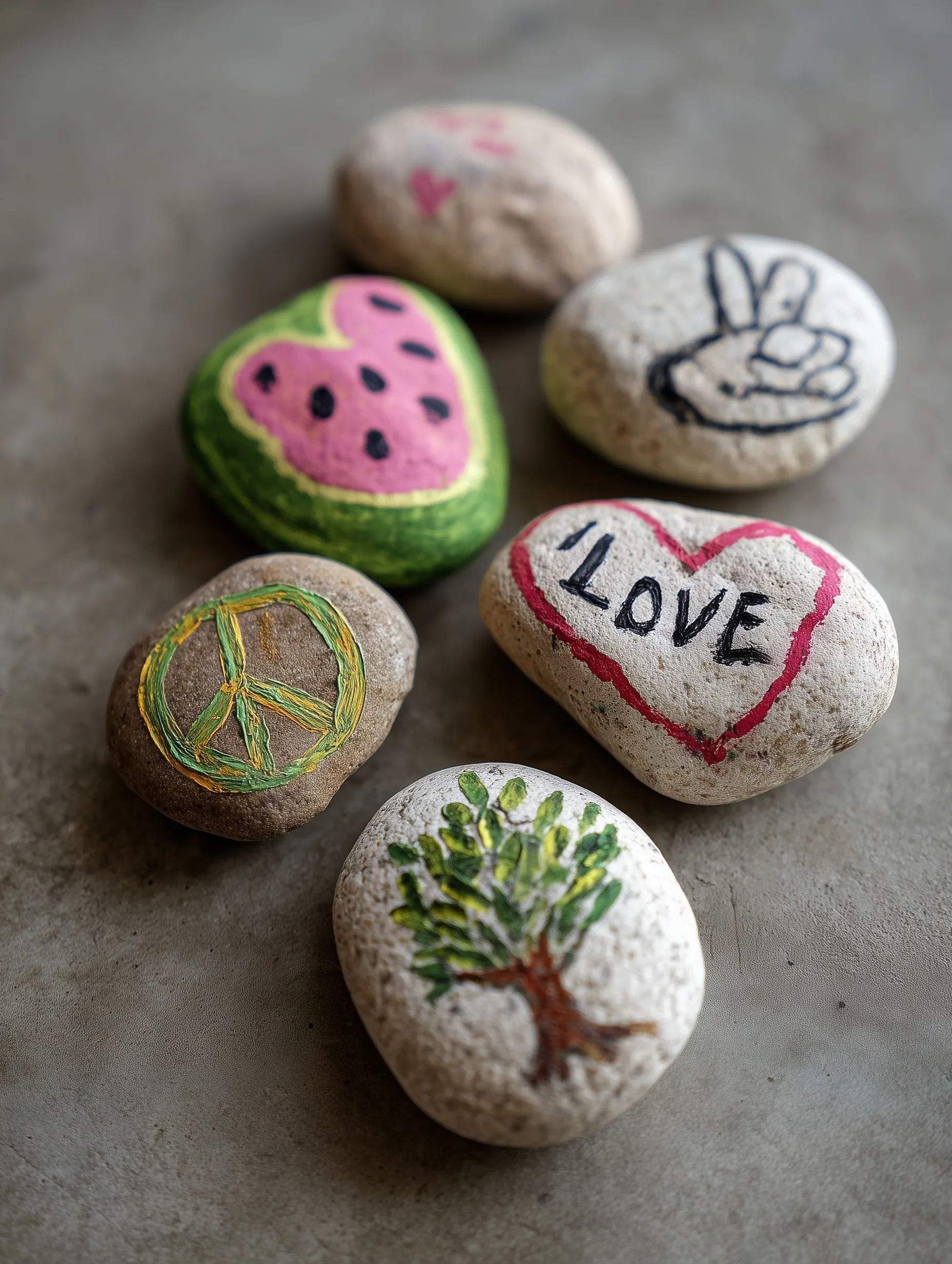 Hand-painted rocks by children featuring a watermelon, heart, peace sign, smiley face, and olive tree art.