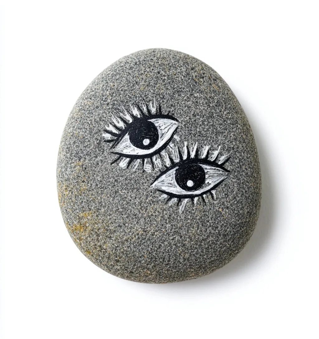A cute rock painting of a gray pebble with white eyes and a blond bob wig, isolated on a white background.