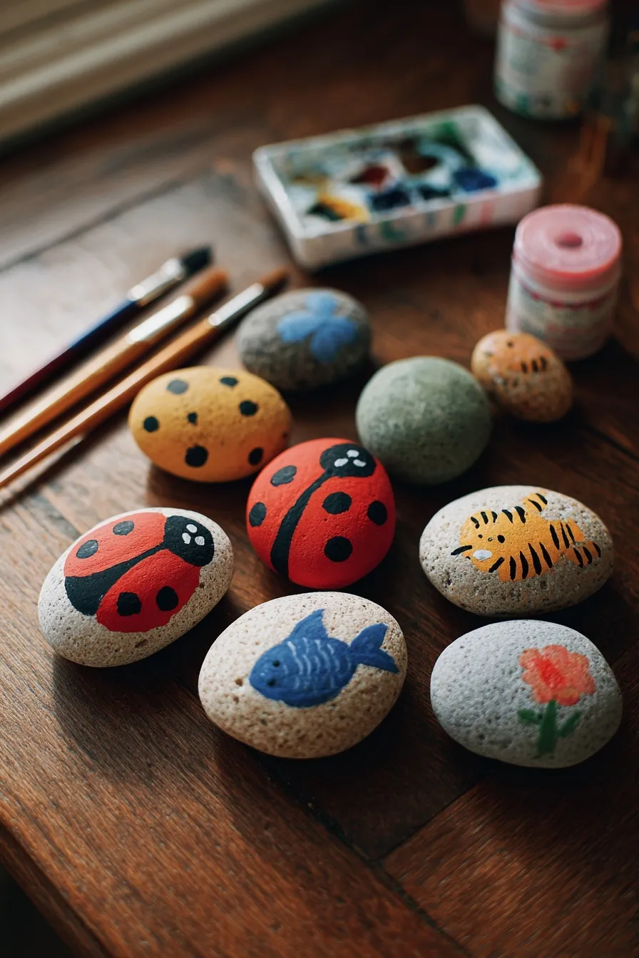 Painted rocks with animal patterns, paintbrushes, and paint containers on a table for a DIY kids craft project.