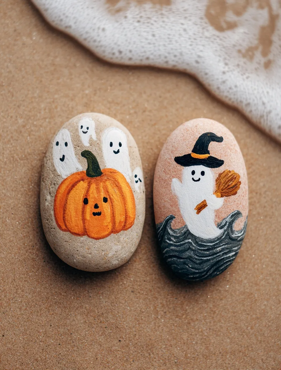 Two hand-painted Halloween pebbles with a pumpkin and a witch on a sandy beach shore.
