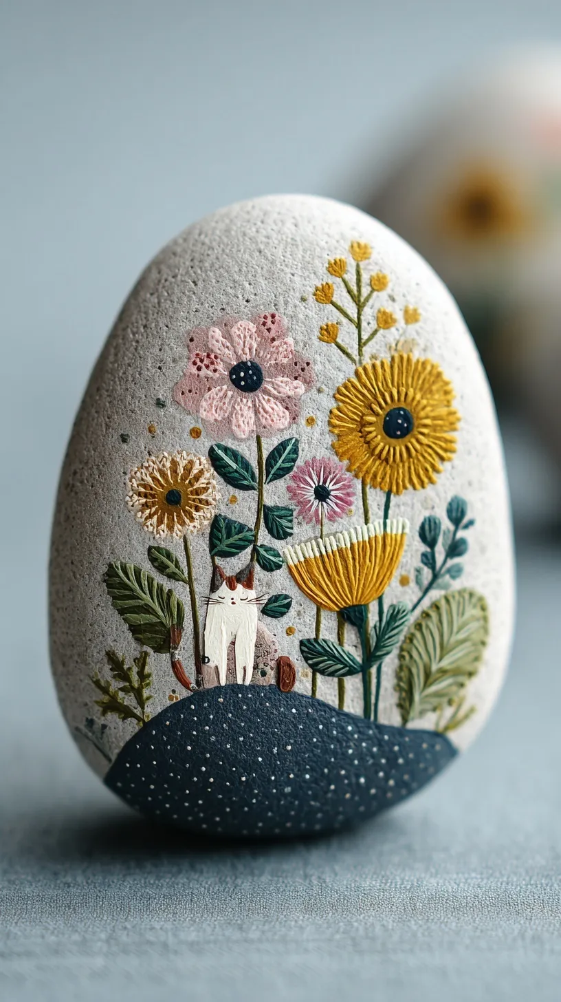 A flat grey pebble with a hand-painted illustration of a cat and flowers in soft pastel tones.