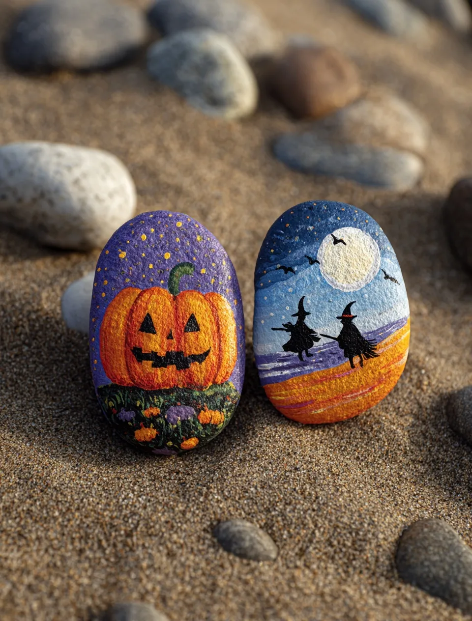 Two hand-painted rocks with Halloween pumpkin and witch designs resting on beach sand.