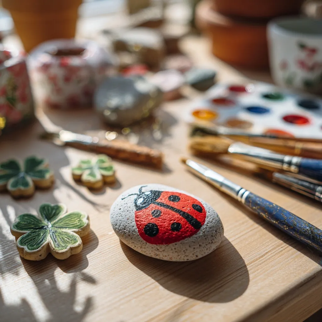 Handmade New Year lucky charms with a painted ladybug stone and salt dough clovers on a cozy craft table.
